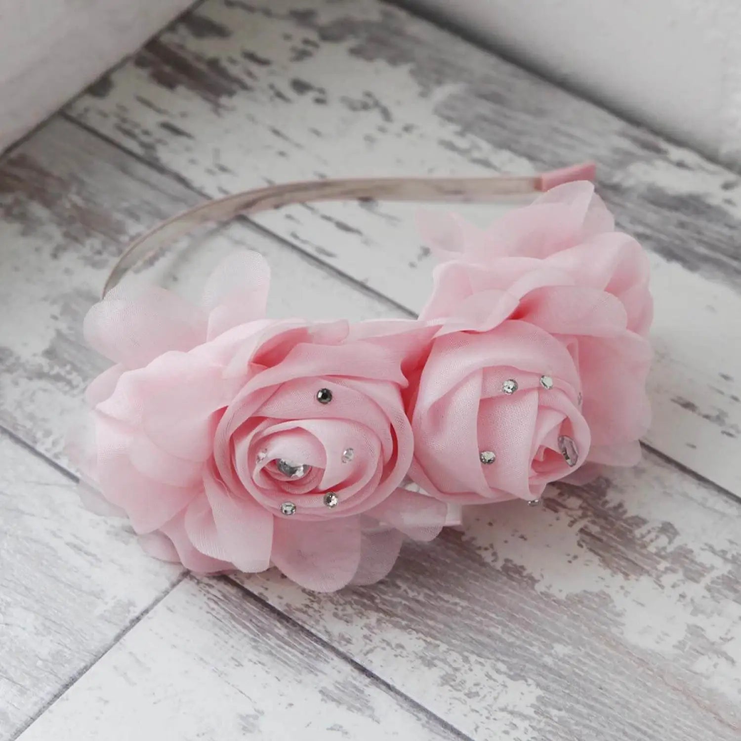 Chiffon 3D Realistic Rose Headband with Pearls and Crystals