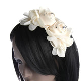 Woman wearing a white flower headband - Chiffon 3D Realistic Rose Hair Accessory Headband