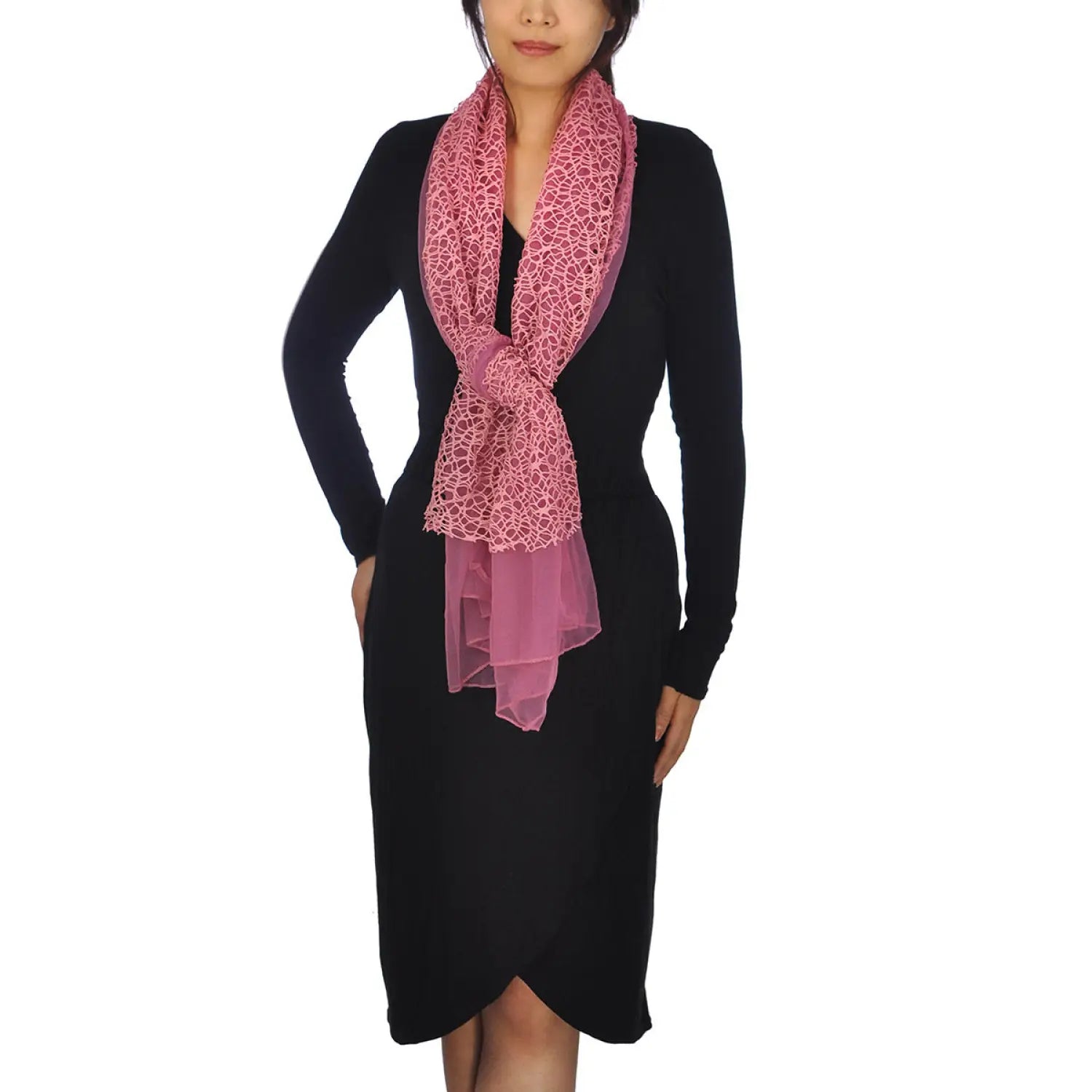 Chiffon cowl neck scarf with unique rope detailing being worn by a woman.