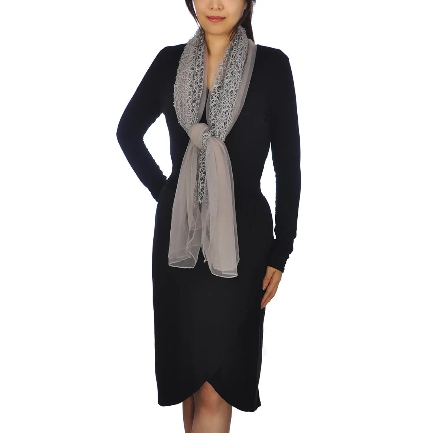 Woman in black dress and gray scarf, wearing Chiffon Cowl Neck Scarf with Rope Detailing.