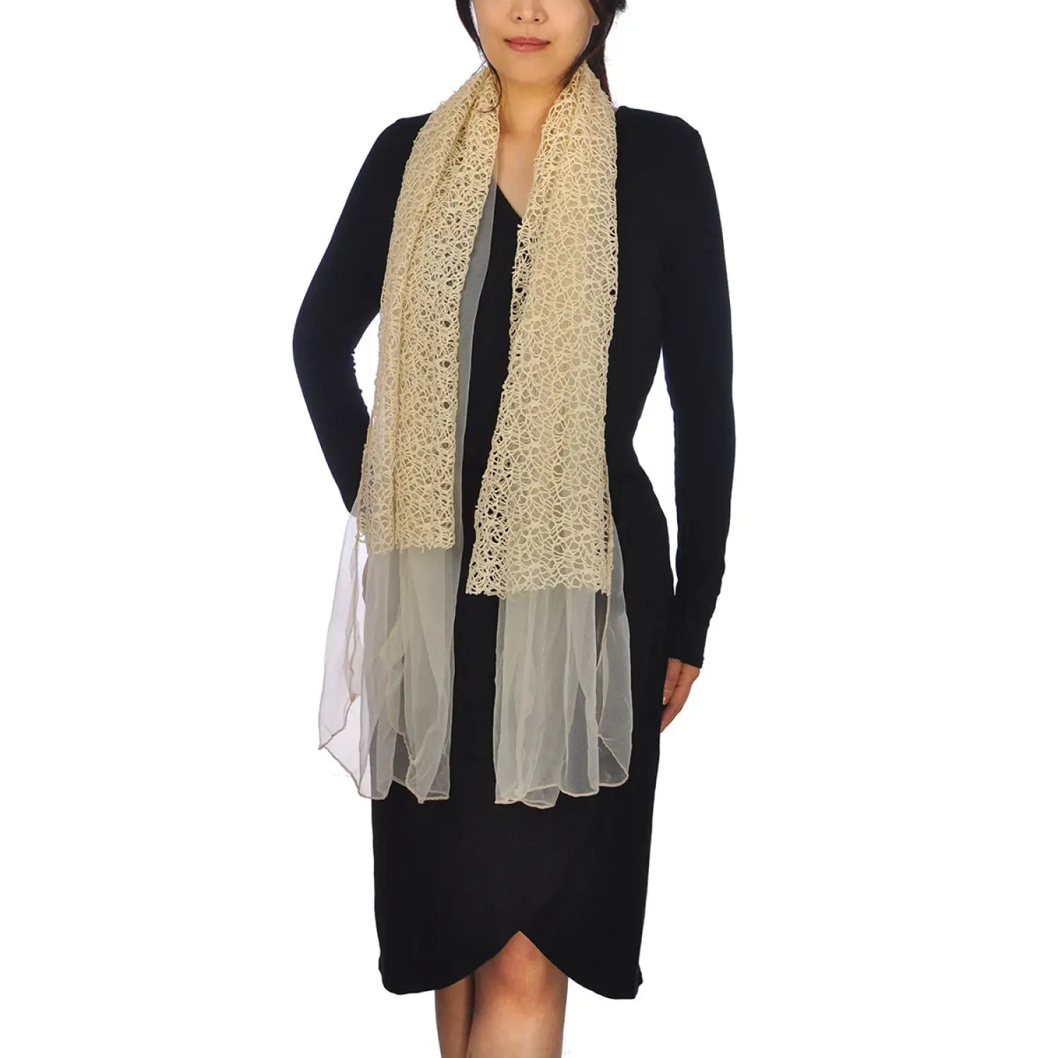 Woman in black dress wearing Chiffon Cowl Neck Scarf with Rope Detailing