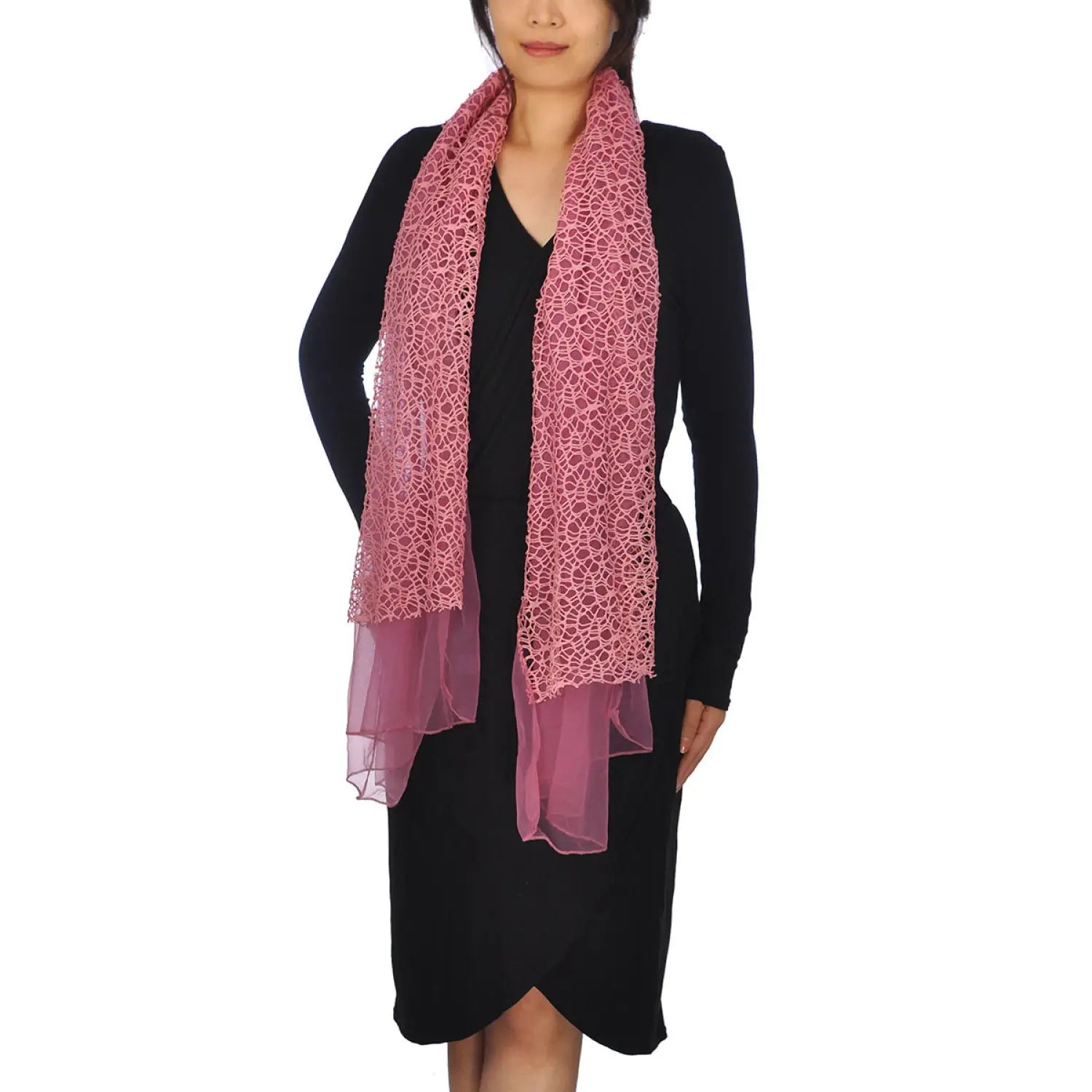 Woman wearing pink chiffon cowl neck scarf with unique rope detailing.
