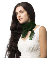 Green chiffon square scarf on woman - lightweight, square neck scarves