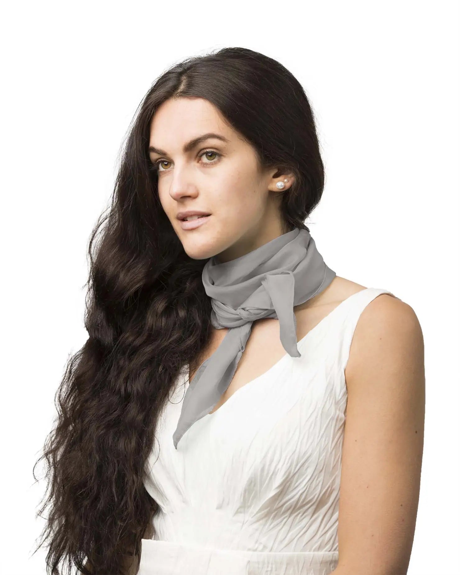 Woman wearing white dress and gray bow with Chiffon Square Scarf, lightweight neck scarf for women.