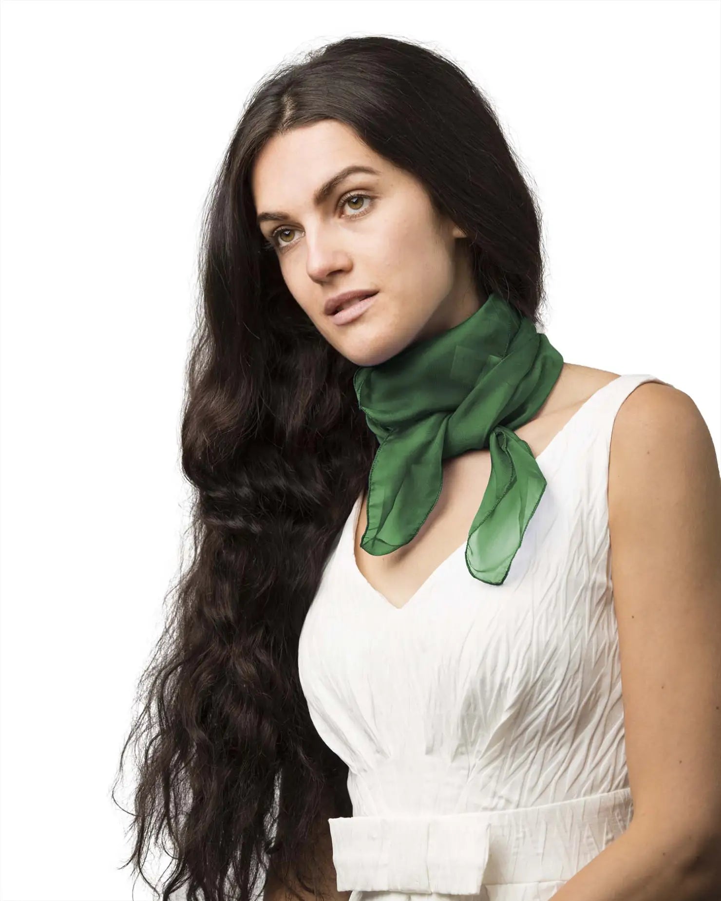Lightweight chiffon square scarf styled by woman in green scarf