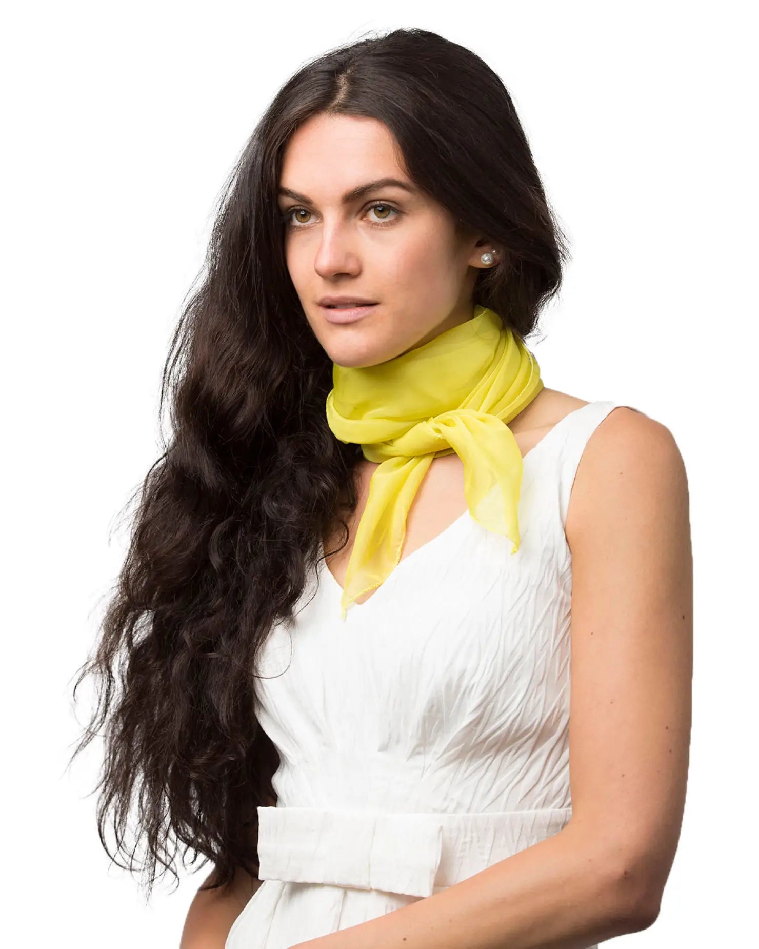 Yellow chiffon square scarf on a woman