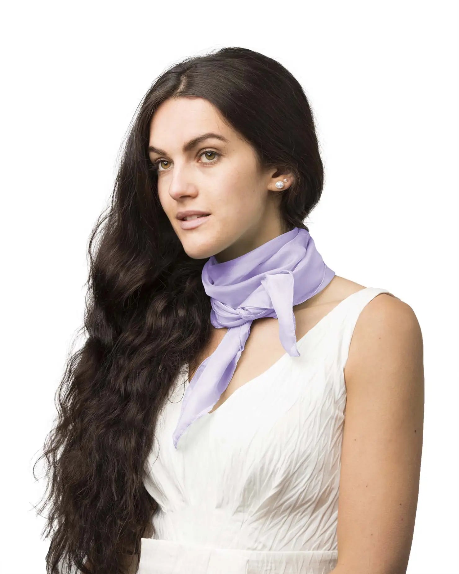 Chiffon square scarf in purple, worn by woman
