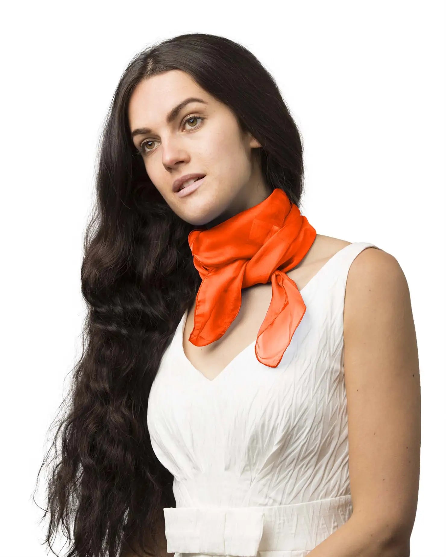 Woman in white dress and red scarf wearing Chiffon Square Scarf for Women.