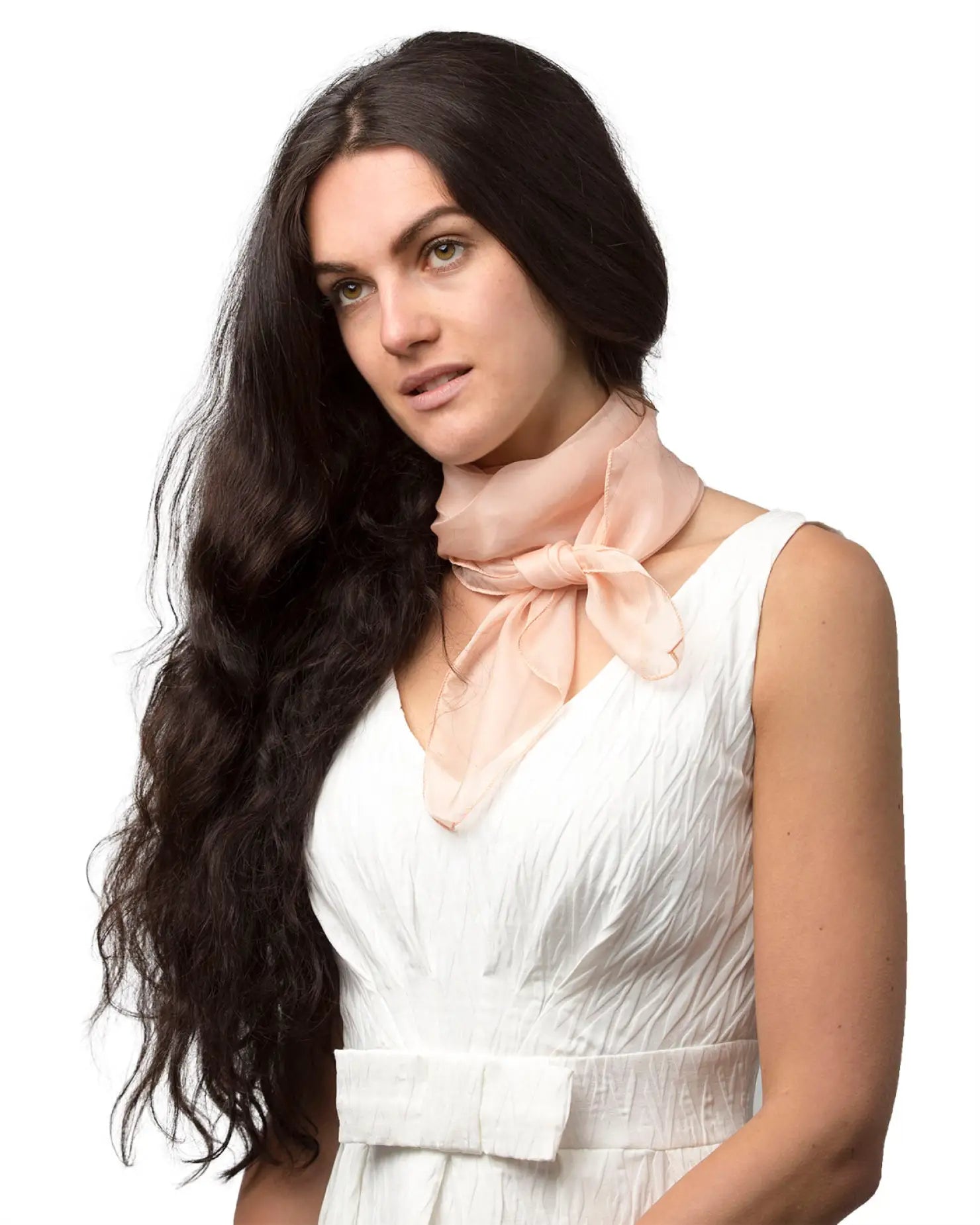 Woman wearing white dress and pink bow featured in Chiffon Square Scarf for Women