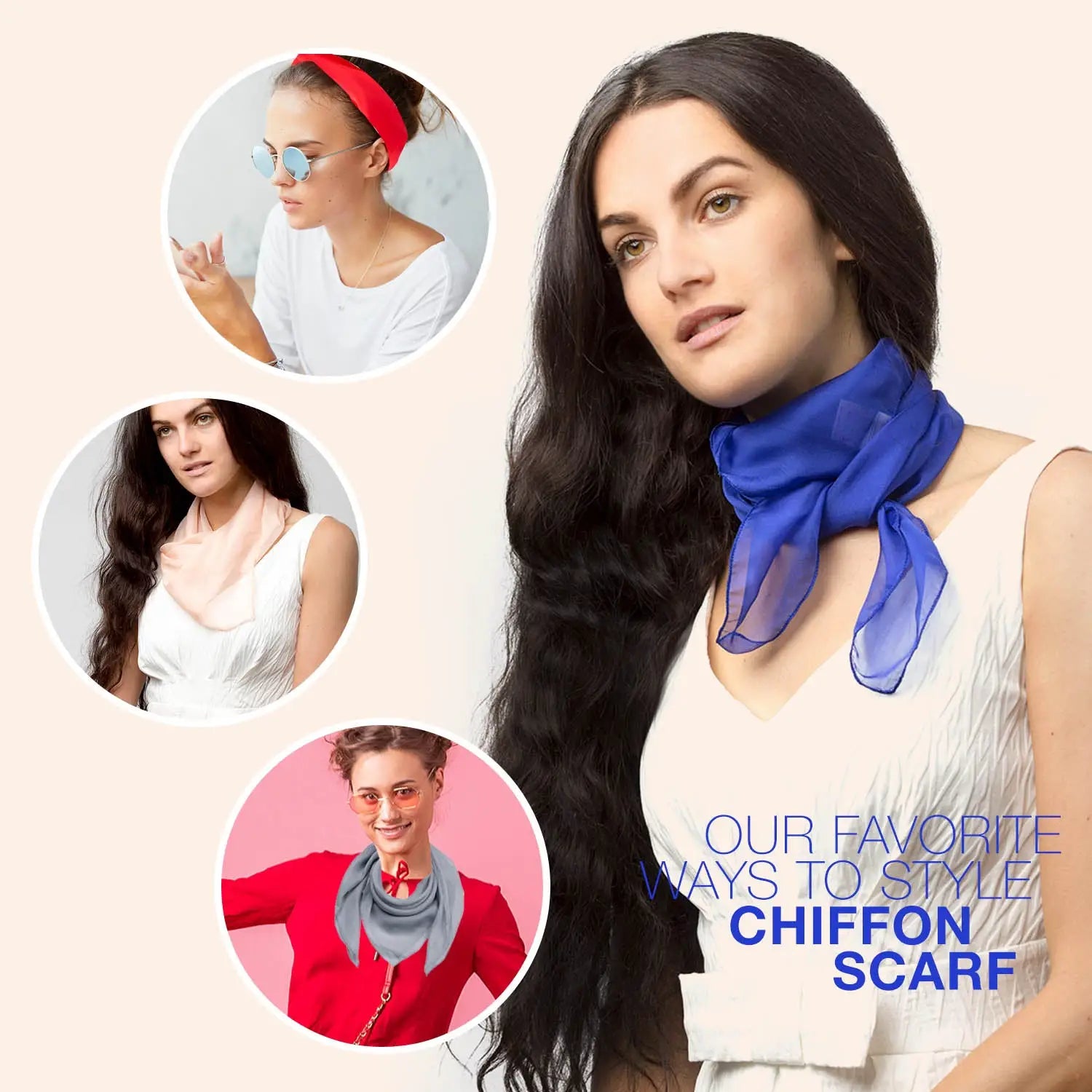 Woman wearing blue chiffon square scarf and red headband - Lightweight neck scarves for women.