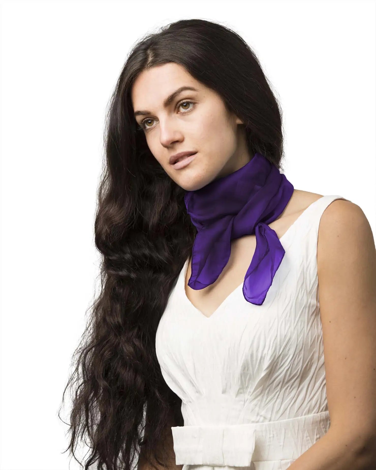 Woman wearing lightweight chiffon square scarf in purple combination