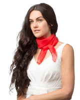 Woman wearing red chiffon square scarf in product named Lightweight Chiffon Square Scarf for Women.