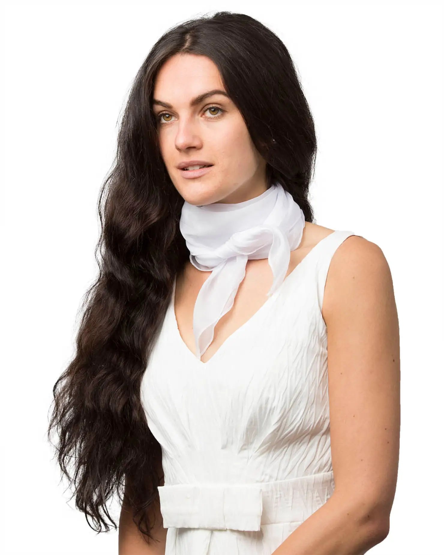 Woman wearing white chiffon square scarf with neck scarf, Lightweight, part of the Square Neck Scarves for Women collection.