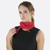Chiffon square scarf in retro organza style worn by a woman with red scarf