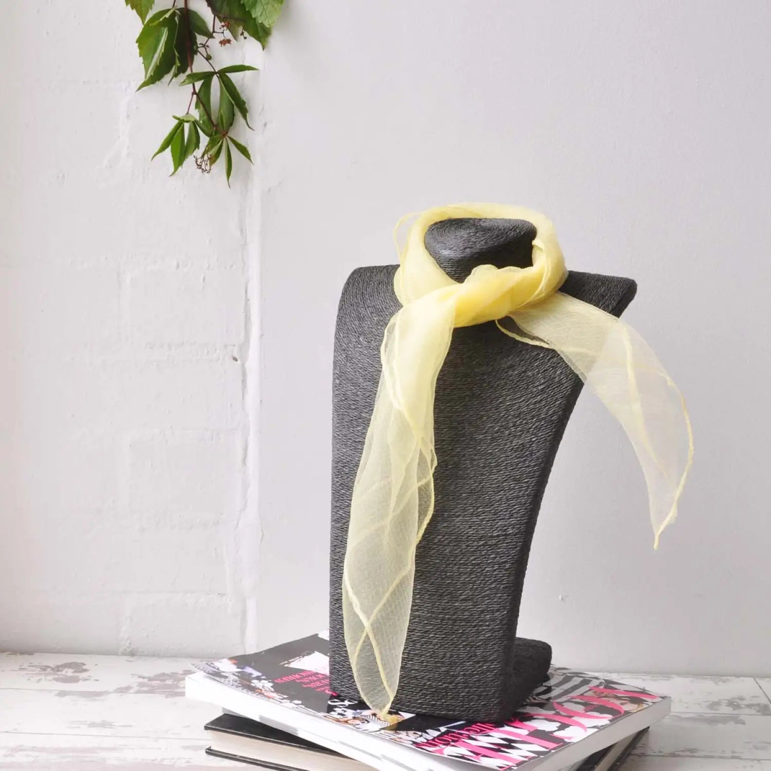 Chiffon square scarf retro organza with black hat and yellow ribbon