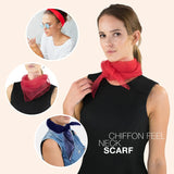 Chiffon square scarf in retro organza style worn by woman with red scarf and black top