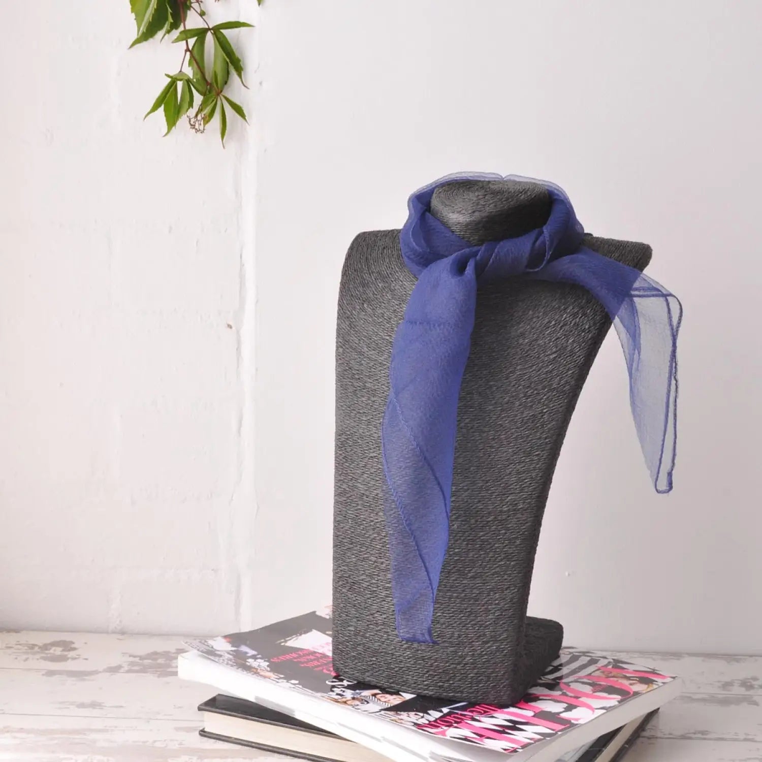 Chiffon Square Scarf in Blue on Grey Mannequin for Retro Organza Style