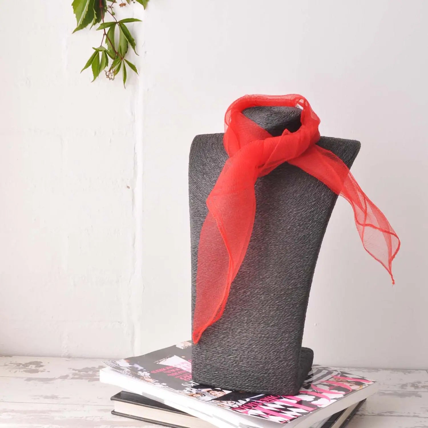 Chiffon square scarf with red ribbon on top for retro organza style