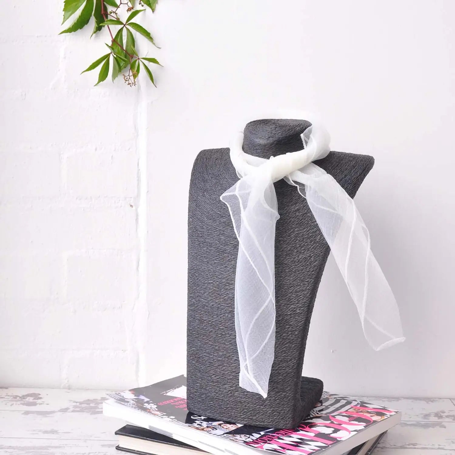 Grey retro organza chiffon square scarf with white ribbon.