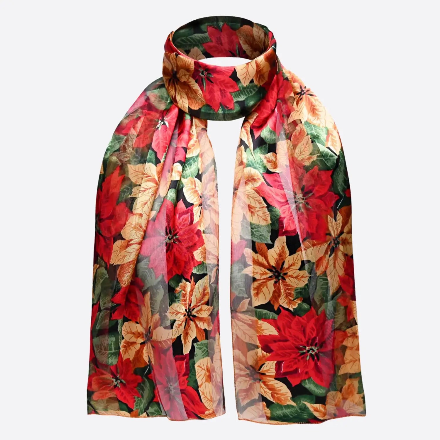 Christmas Red Scarf with Poinsettia Flower Design