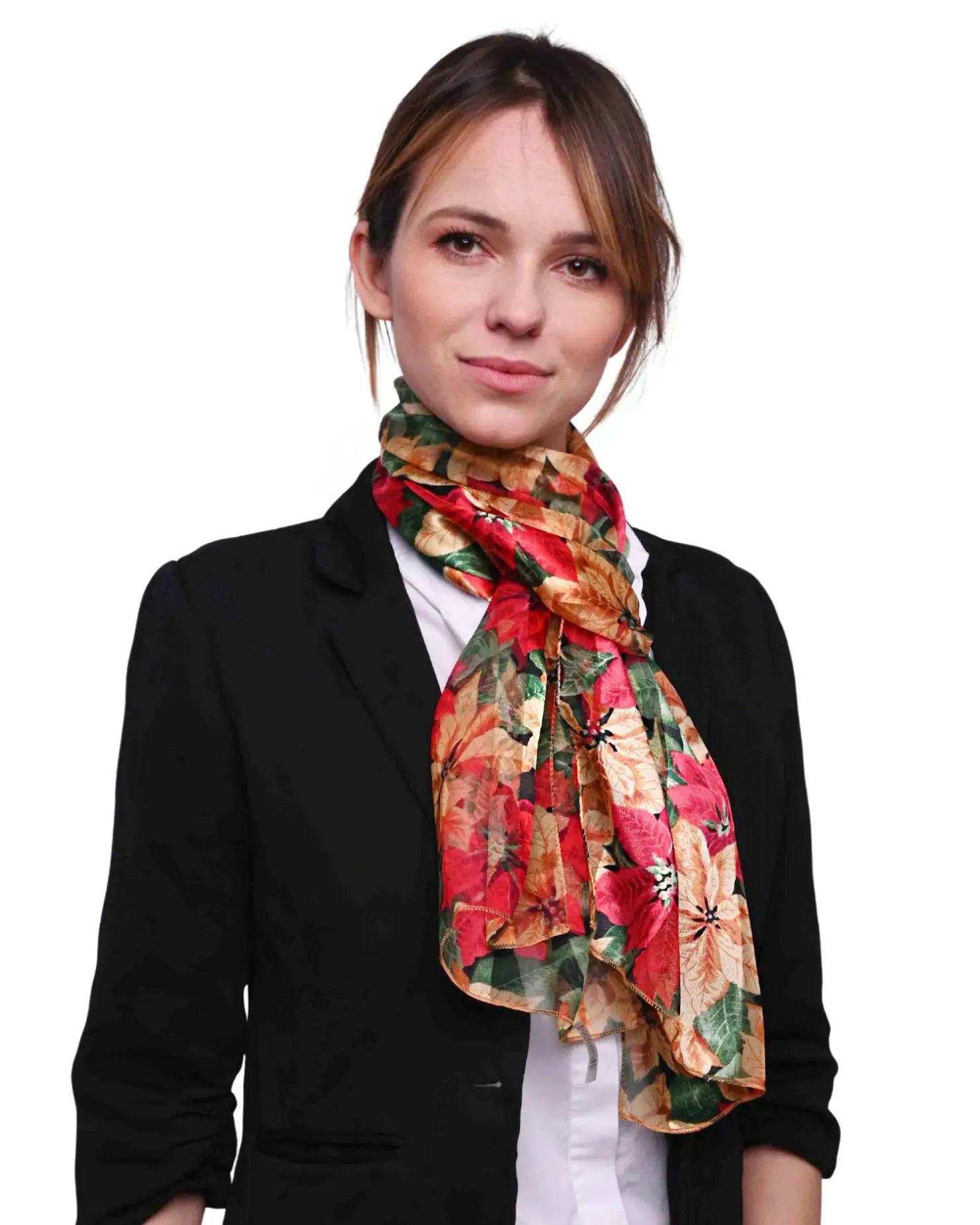 Christmas Red Scarf with Poinsettia Flower Satin Pattern