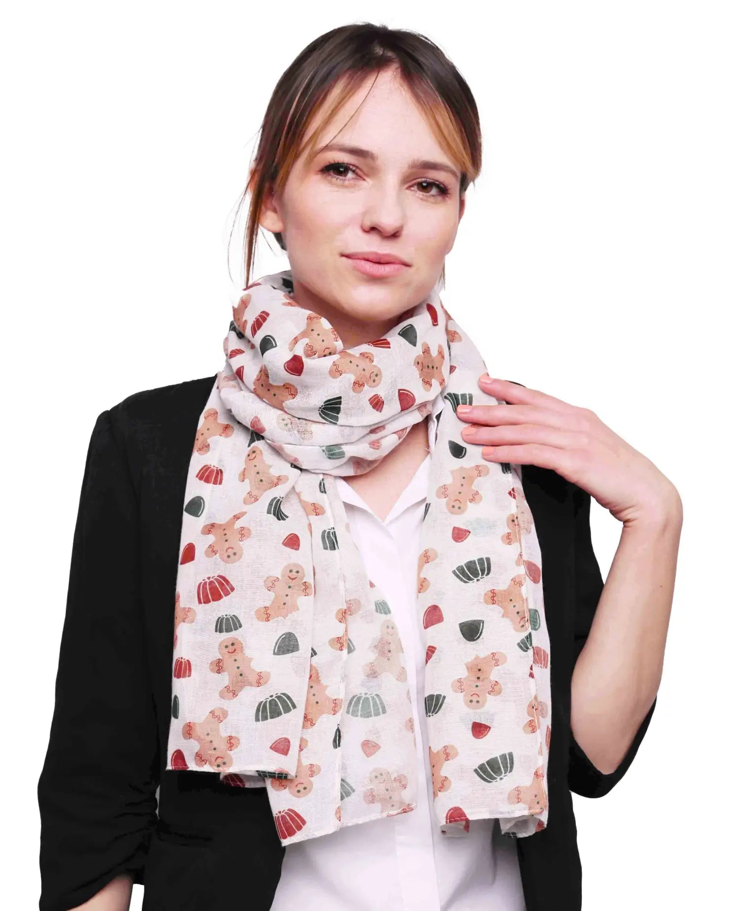 Oversized maxi Christmas scarf with floral pattern.