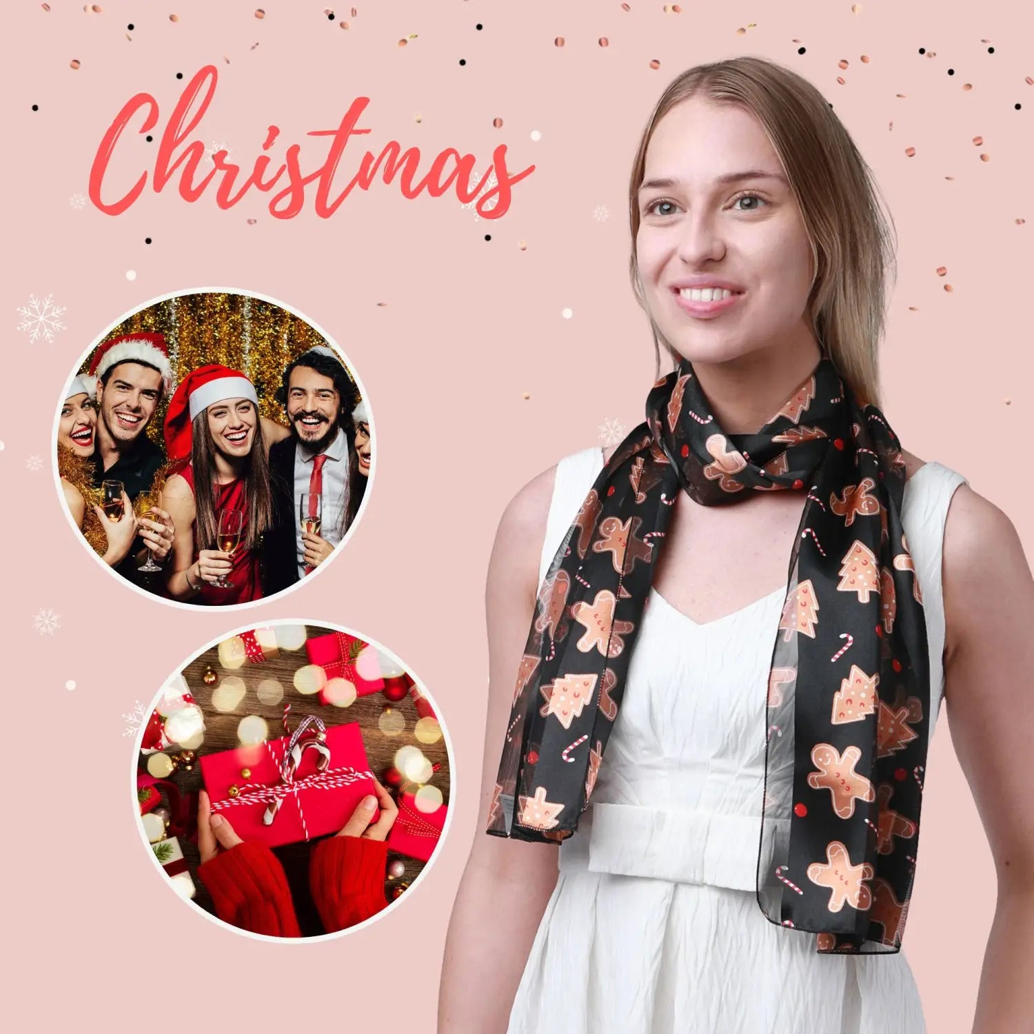 Woman wearing black and red Christmas scarf by Christmas Scarf Poinsettia.