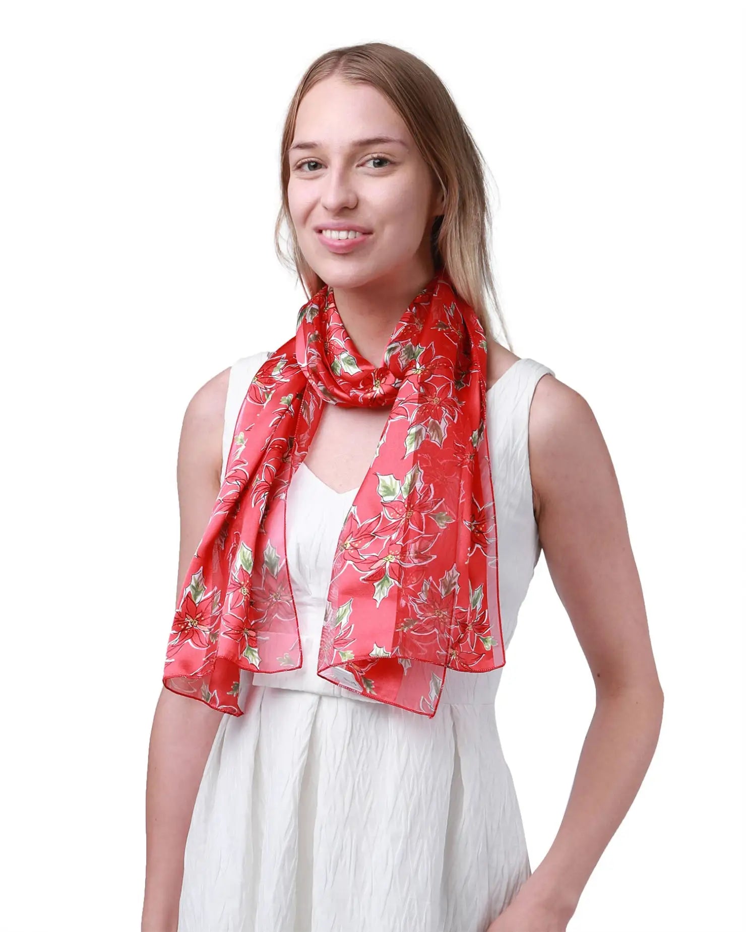 Christmas scarf poinsettia flower scarf - woman in red floral pattern scarf