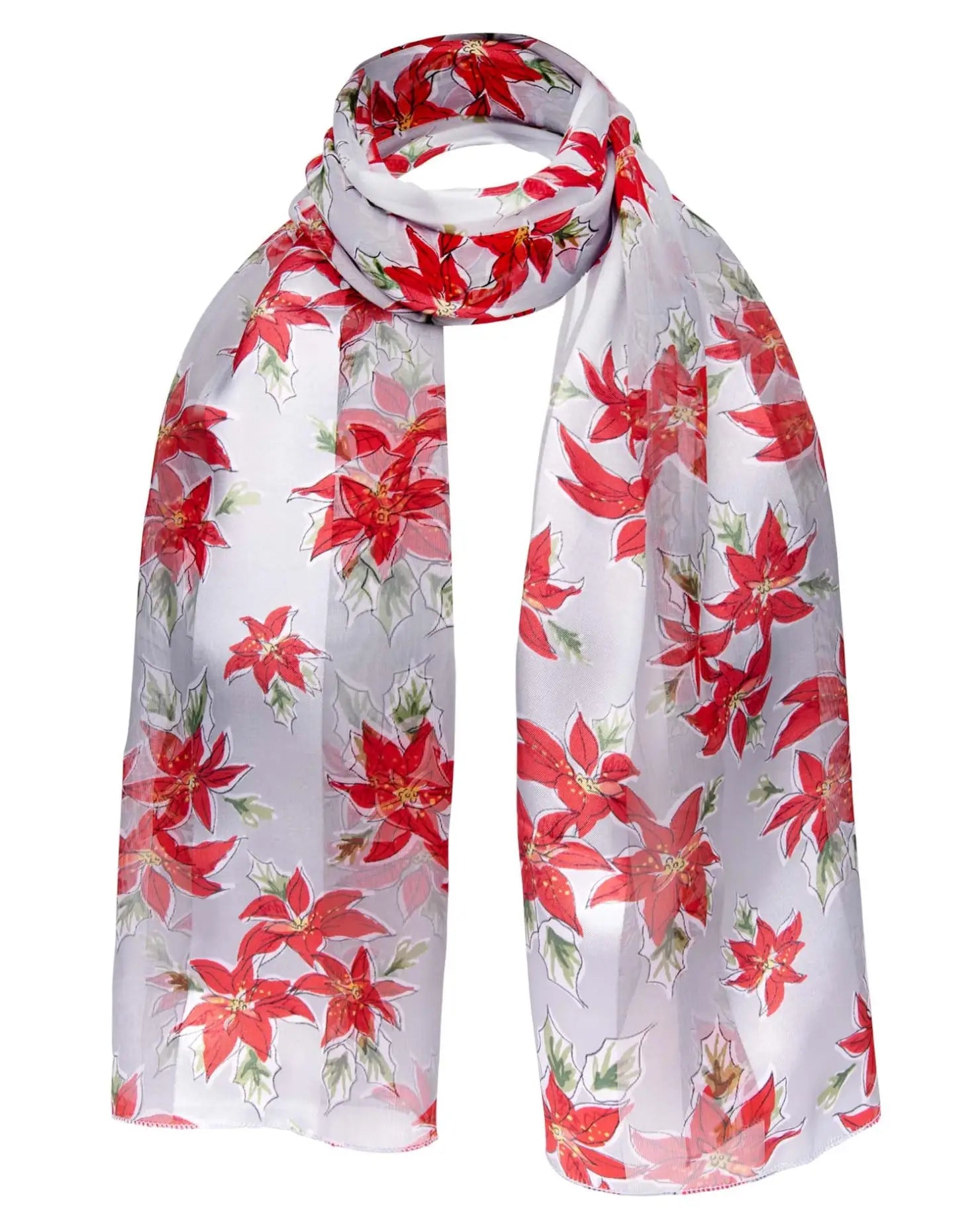 White satin stripe scarf with red poinsettia pattern for Christmas.