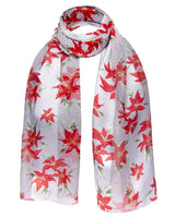 White satin stripe scarf with red poinsettia pattern for Christmas.