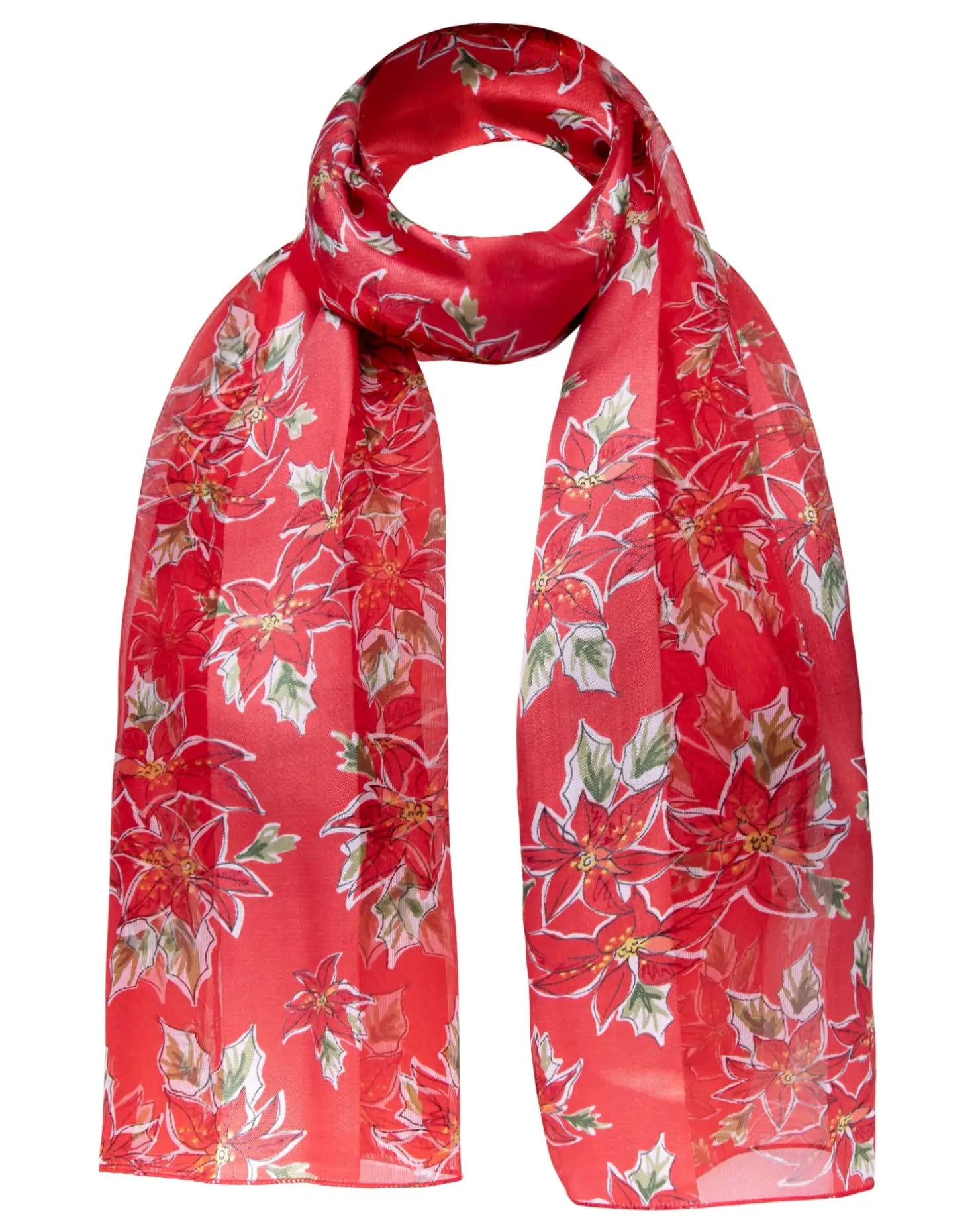 Red satin stripe Christmas scarf with floral pattern