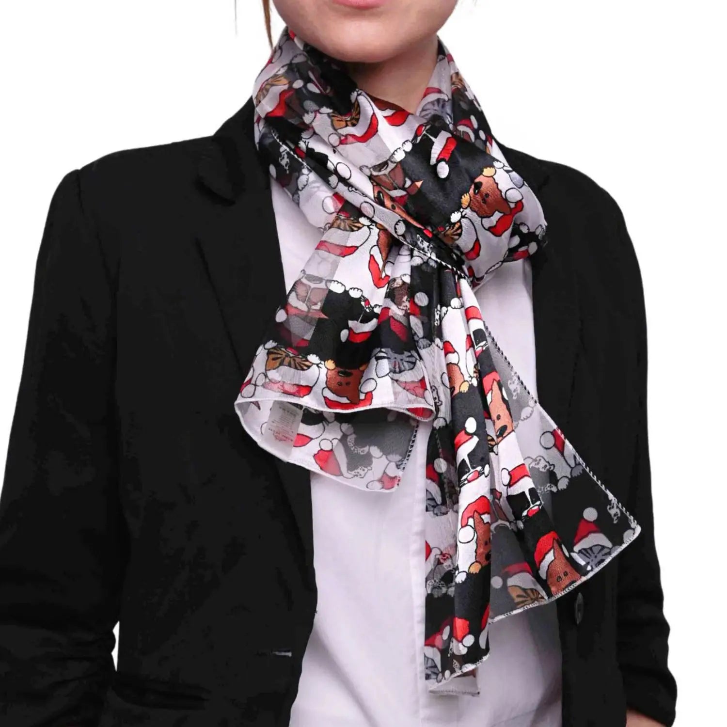 Woman wearing black jacket and white shirt featuring Christmas Scarf Santa Satin Scarves.