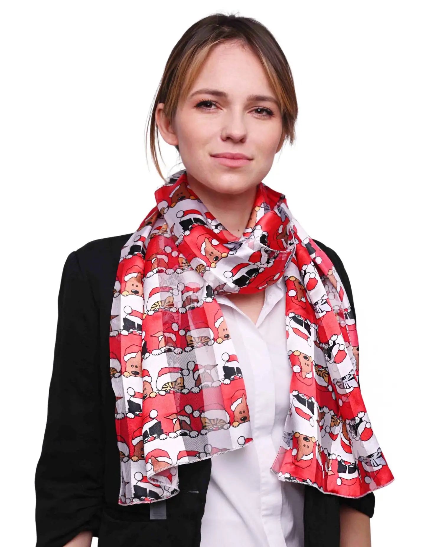 Woman wearing red scarf with cartoon character pattern, Christmas Scarf Santa Satin Stripe design