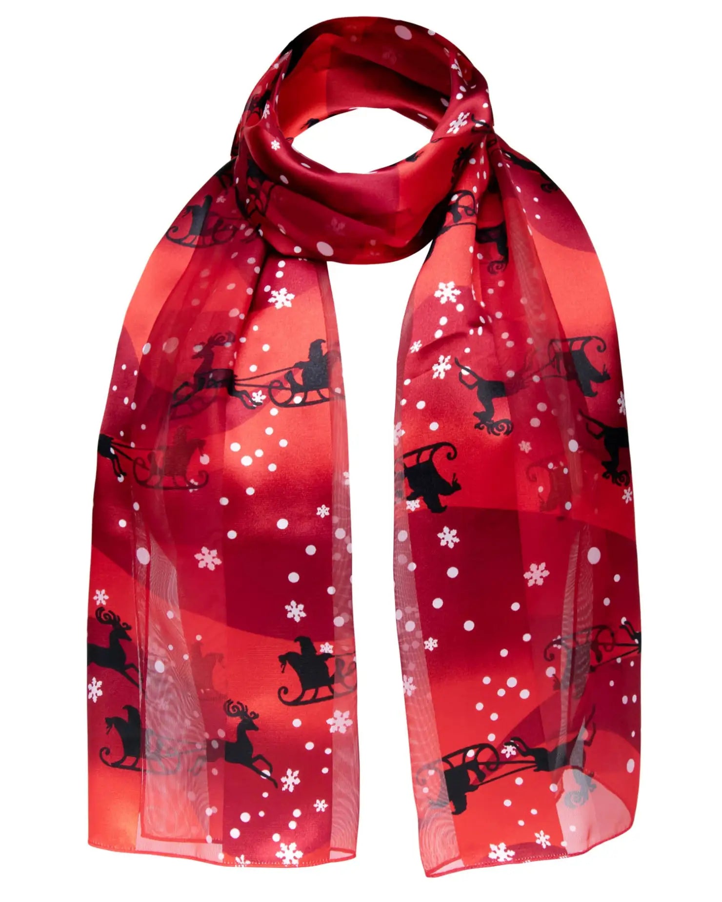 Red scarf with black cat and snowflakes, part of Christmas Scarf Satin Reindeer Sleigh collection.