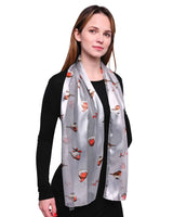 Woman wearing Christmas Scarf Satin Robin Bird design