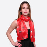 Woman wearing red scarf with robin bird pattern, Christmas Scarf Satin Robin Bird Scarves Gifts.