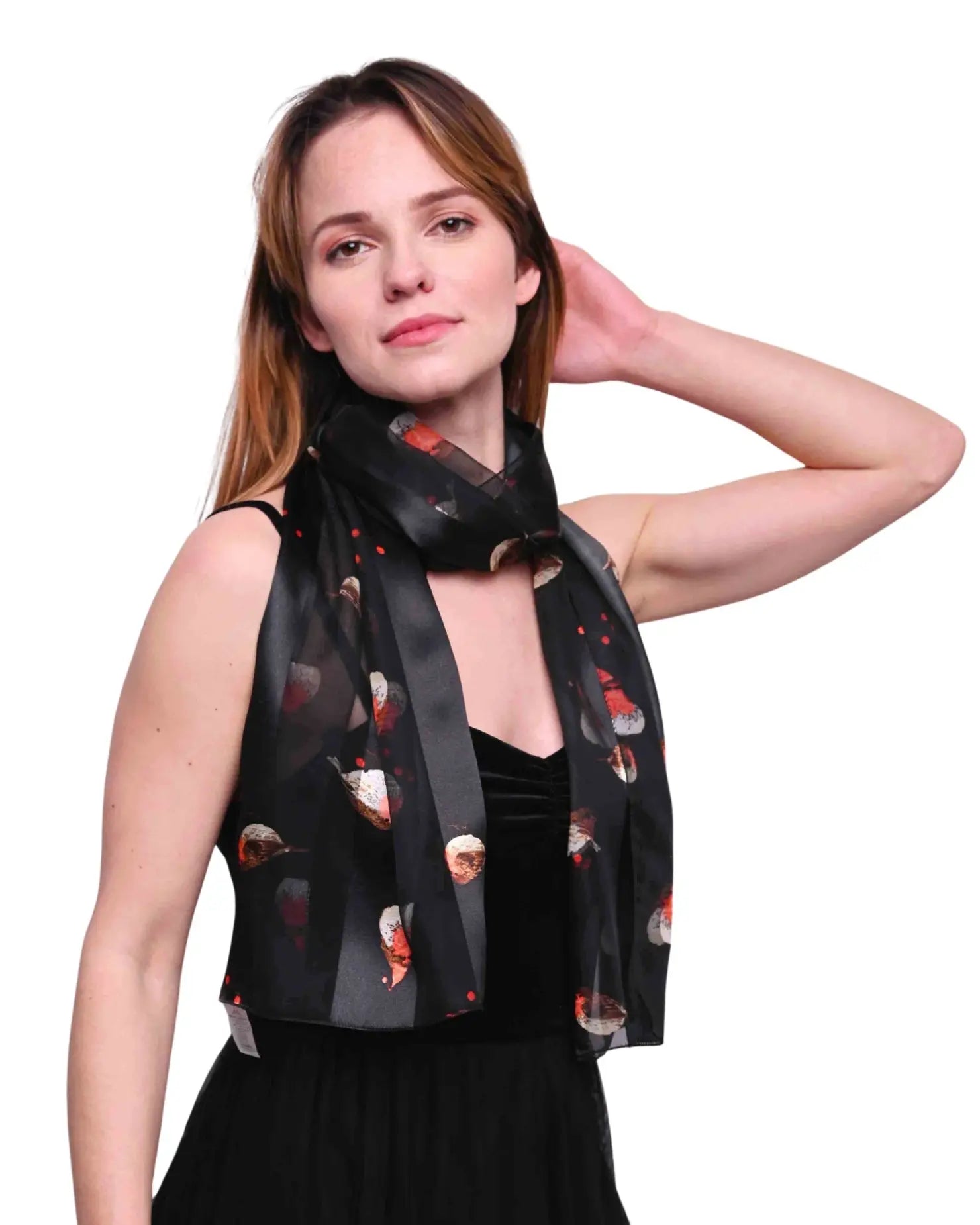 Woman in black scarf with red flowers - Christmas Scarf Satin Robin Bird Gift