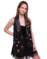 Woman wearing black scarf with red flowers, Christmas Scarf Satin Robin Bird Scarves Gift