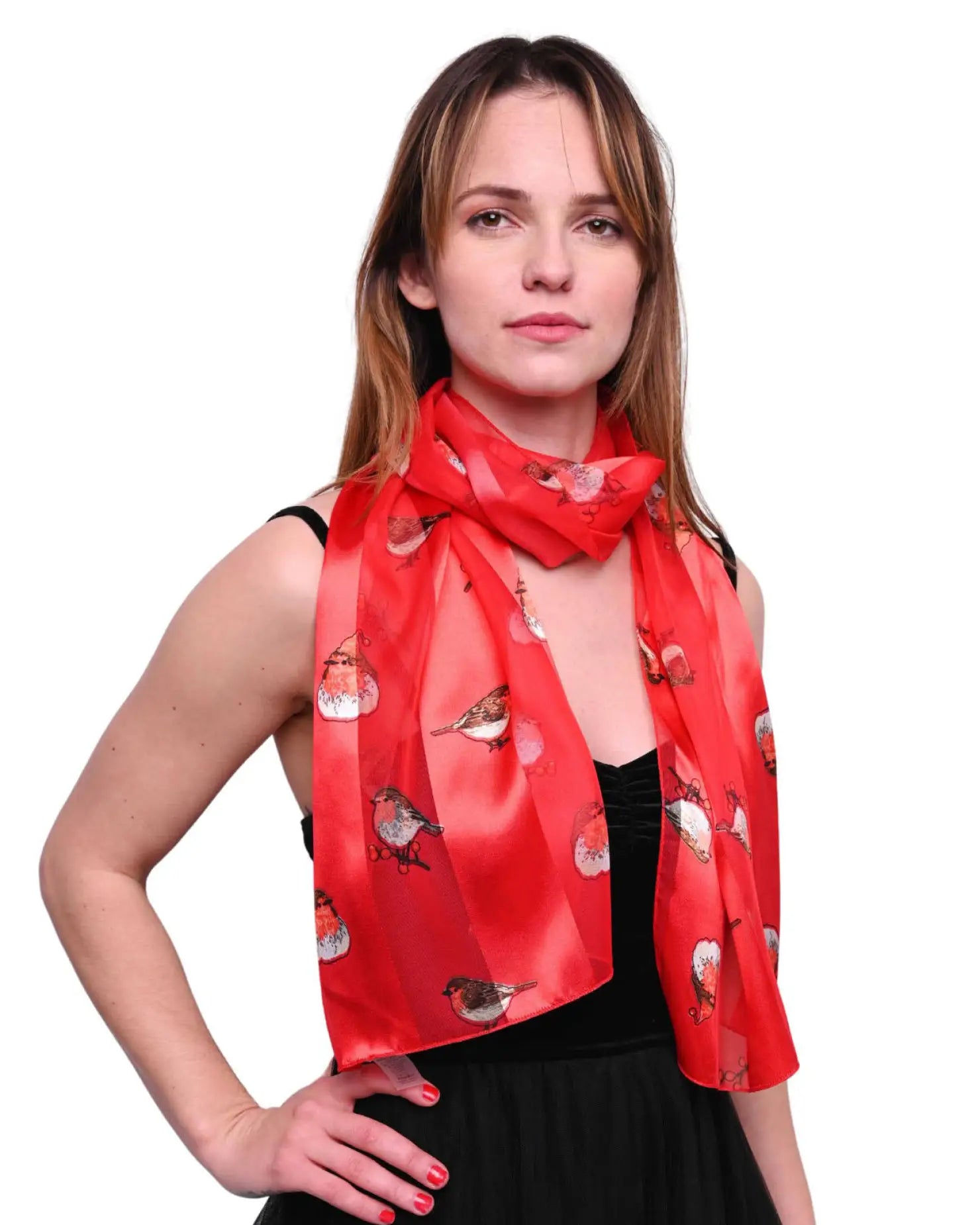 Christmas scarf with satin robin bird print, ideal gift for women