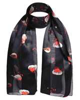 Christmas Scarf with Red Flowers and Robin Bird Design