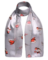 Grey scarf with robin bird and flower pattern - Christmas Scarf Satin Robin Bird Scarves Gifts.