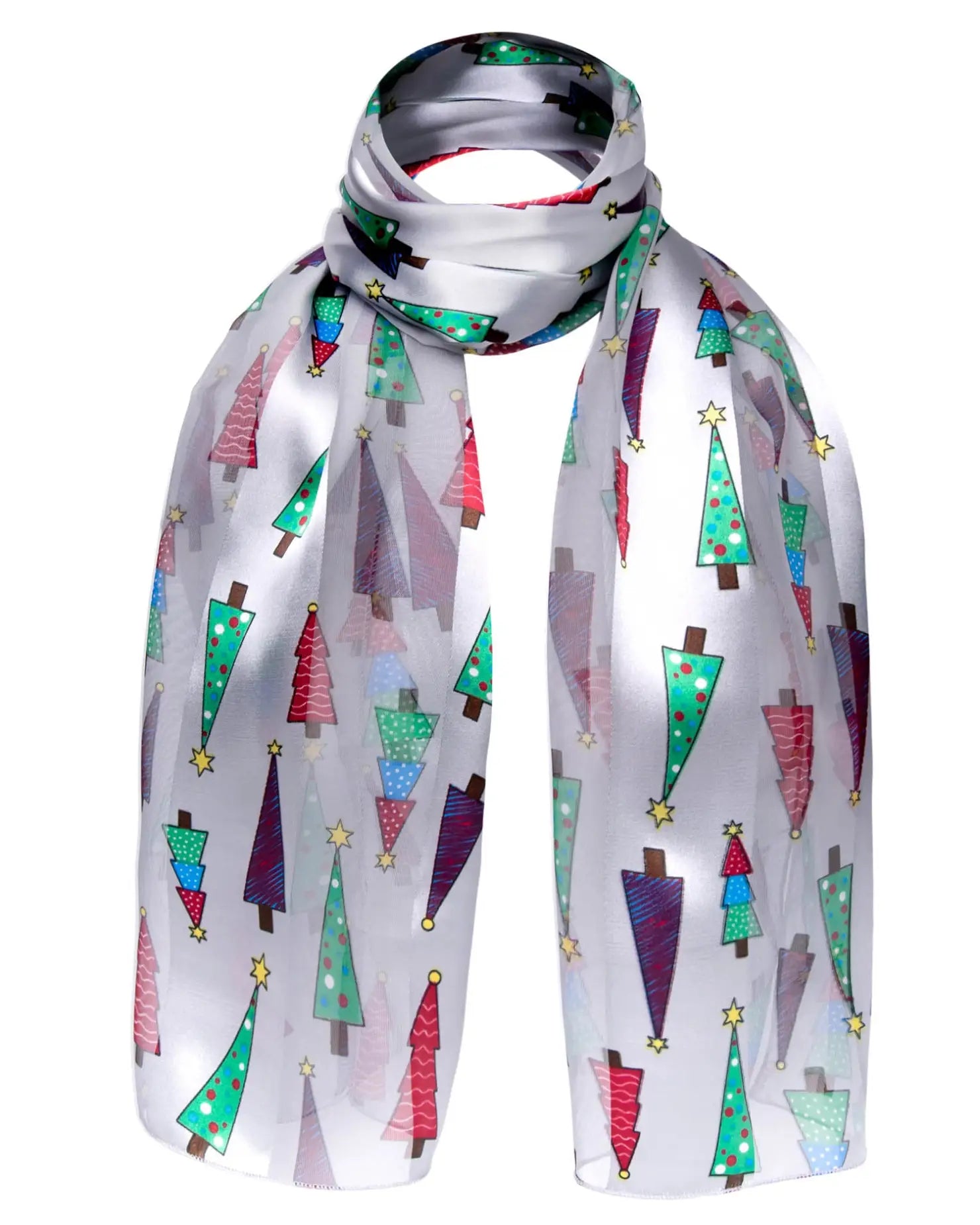 White satin scarf with festive Christmas tree design for men and women.