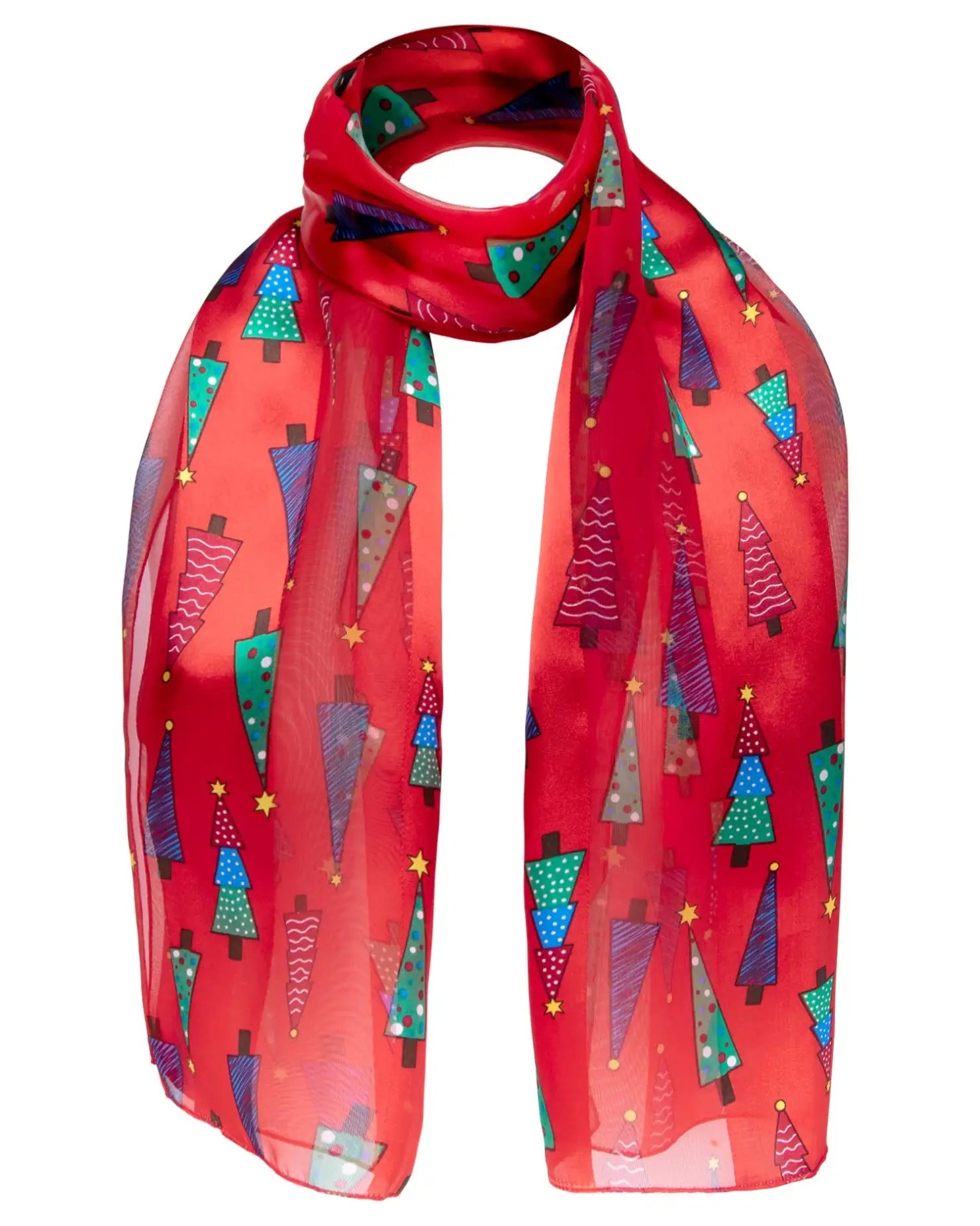 Red Christmas Scarf with Festive Christmas Tree and Star Pattern