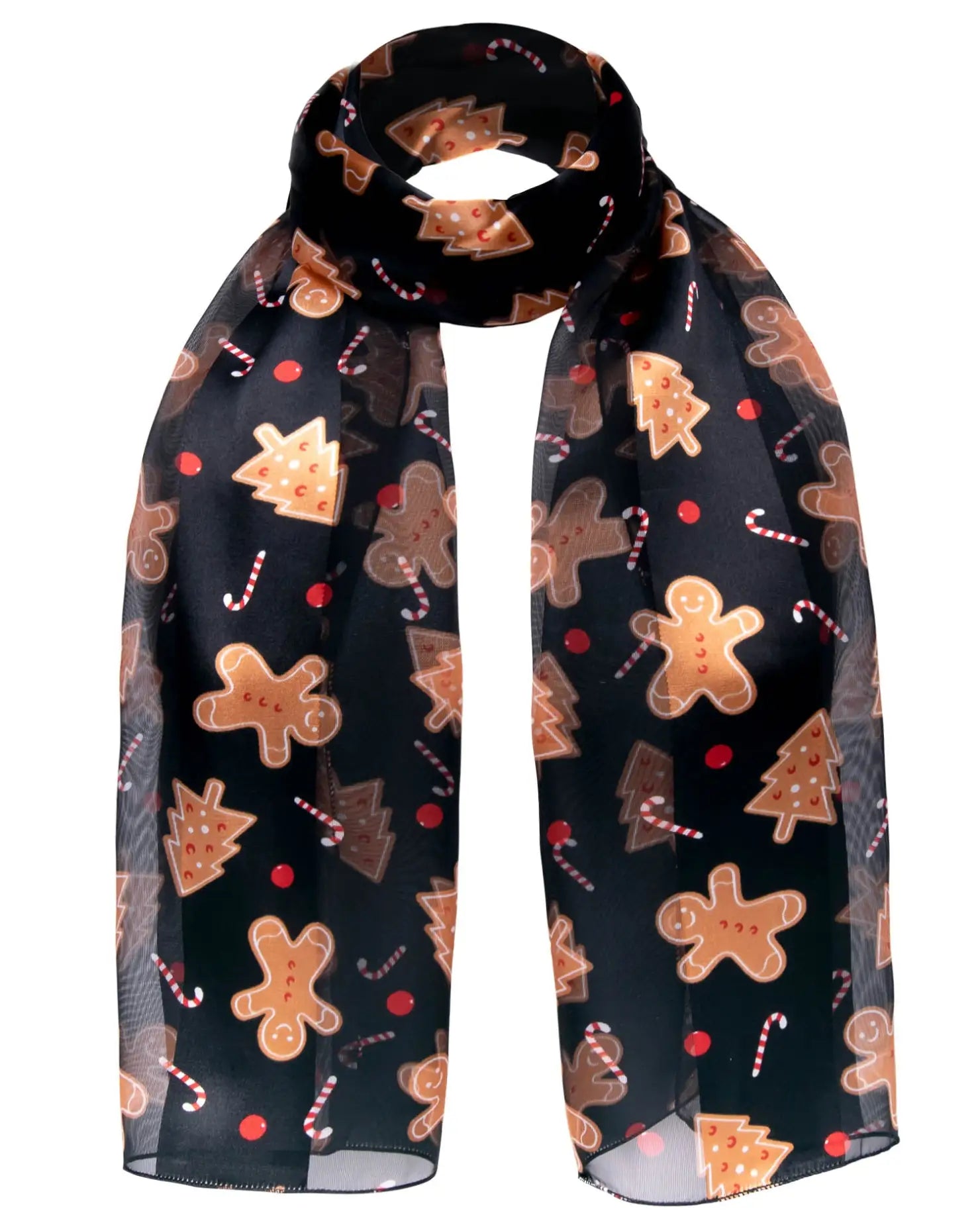 Christmas scarf with gingerbread man design in black satin stripe.