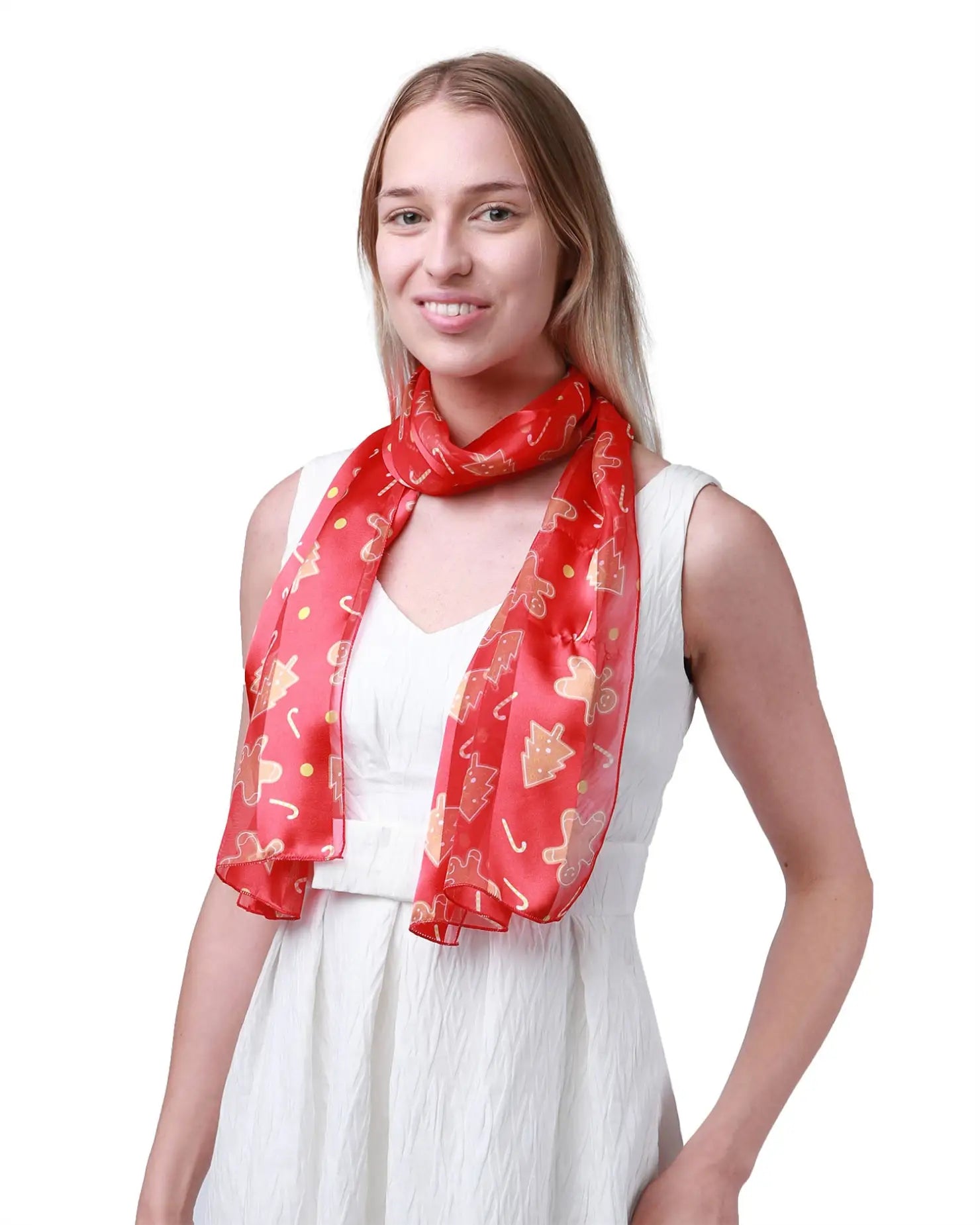 Woman wearing Christmas scarf with gingerbread man satin design.