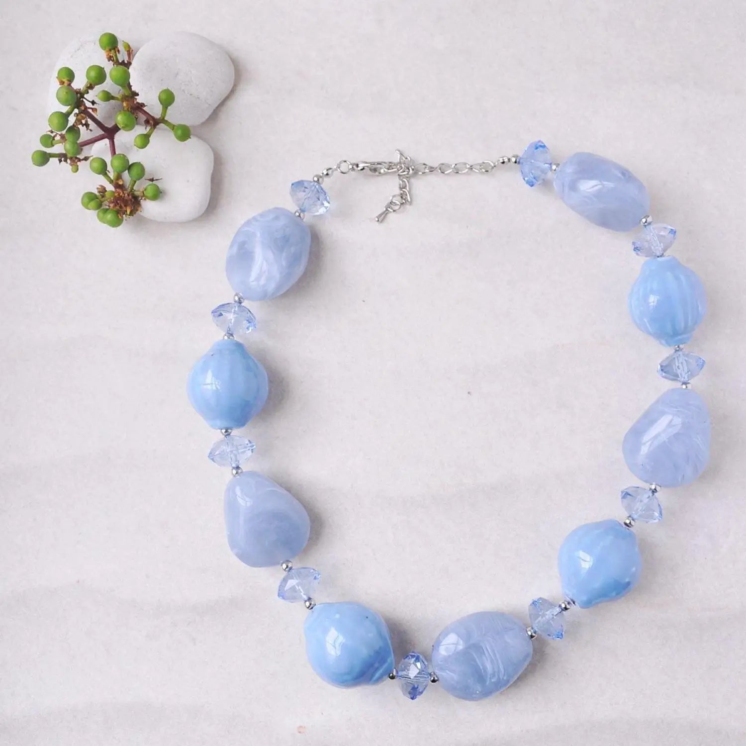 Chunky Beads Statement Necklace with Blue Beads and Flower