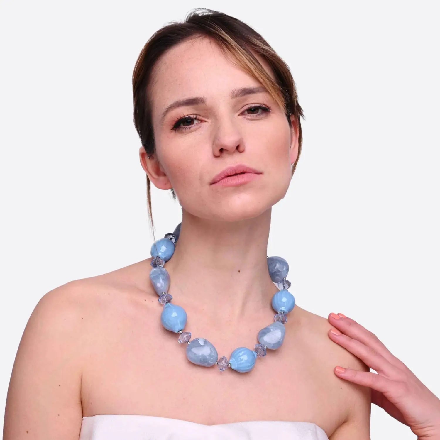 Chunky Beads Statement Necklace Pastel Colour Collection: Woman wearing blue necklace