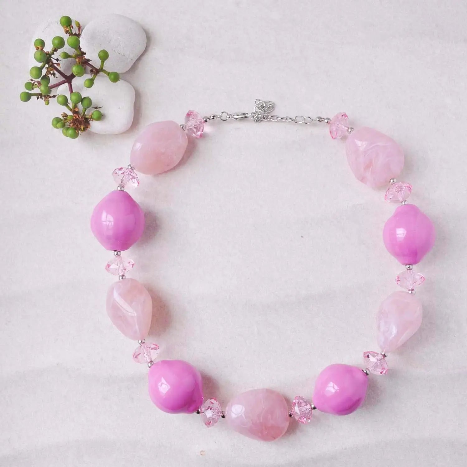 Chunky Beads Statement Necklace with Pink Beads and Crystals