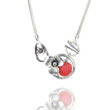 Chunky Boho Antique Silver Necklace with Red Stone and Flower Charm