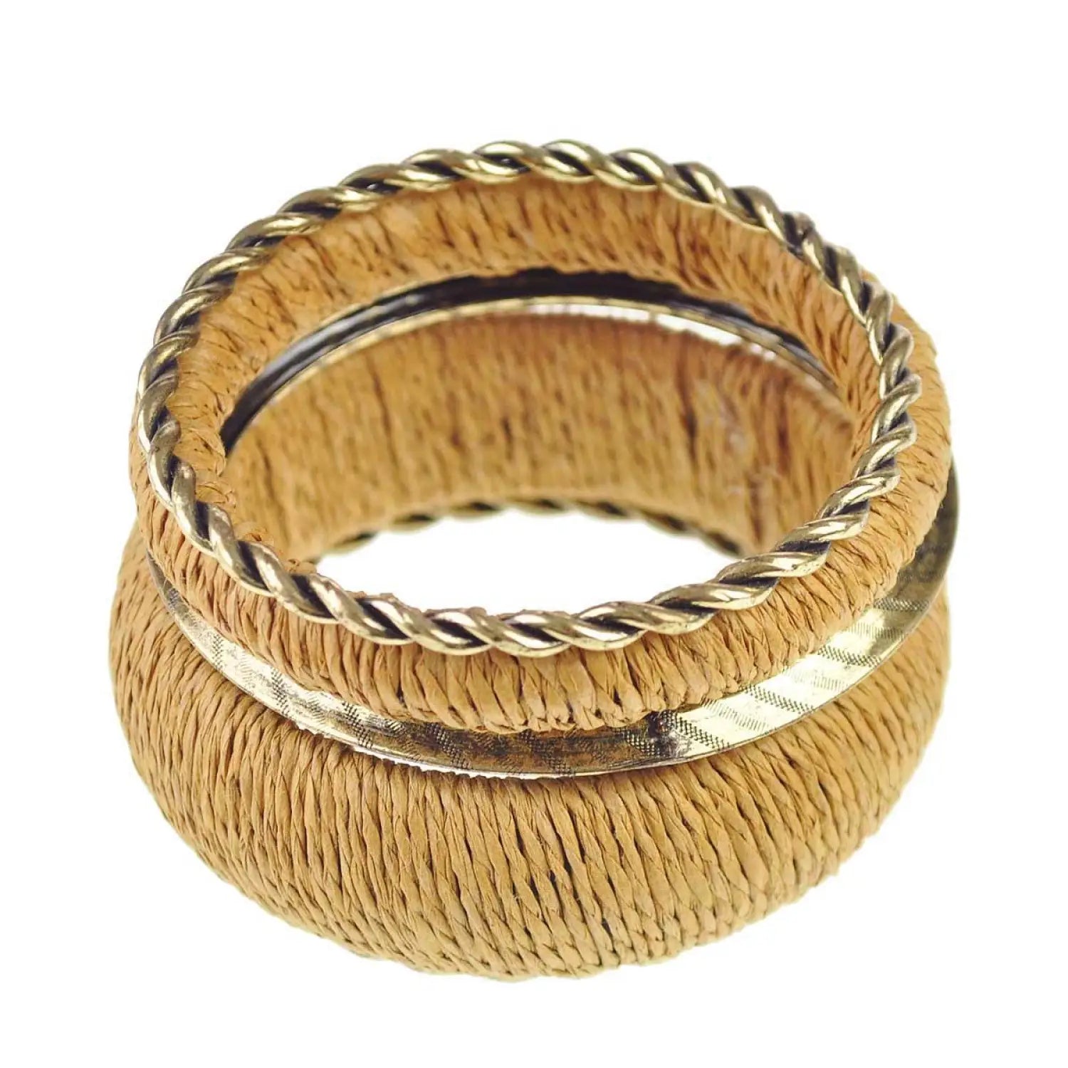 Chunky gold metal bangle with silver ring accent